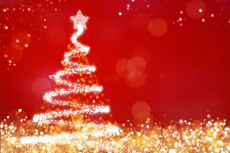Roter Hintergrund mit Weihnachtsbaum aus Lichtern